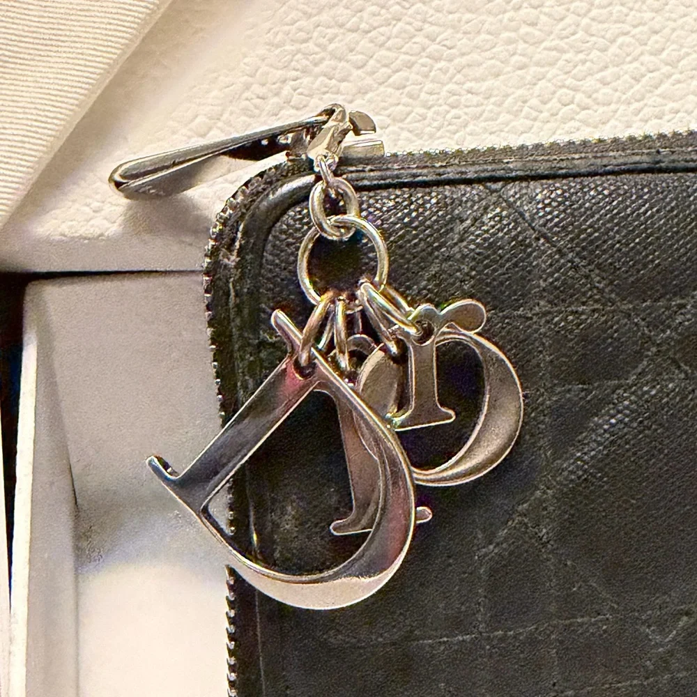 Dior Black Quilted Leather Zippy Wallet with Silver Charm